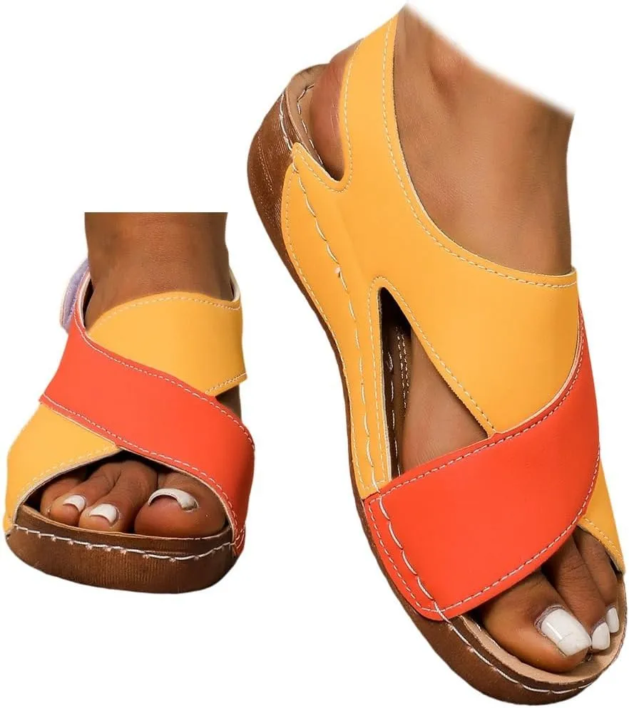 SACFOF Womens Orthopedic Sandals Summer Color Block Arch Support Shoes Casual Ankle Strap Slingback Comfortable Dress Shoes