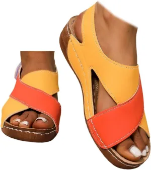 SACFOF Womens Orthopedic Sandals Summer Color Block Arch Support Shoes Casual Ankle Strap Slingback Comfortable Dress Shoes