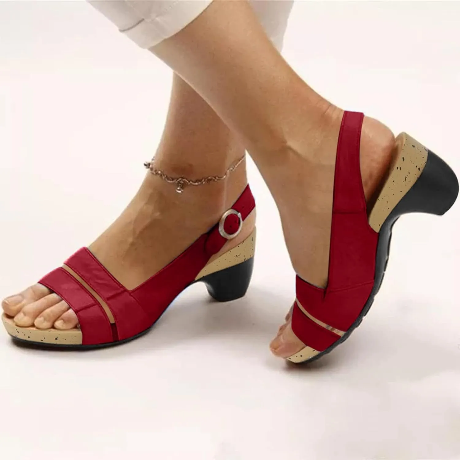 SACFOF Womens Peep Toe Chunky Block Heel Ankle Strap Shoes Low Block Heels Pump Wedding SDress Sandals
