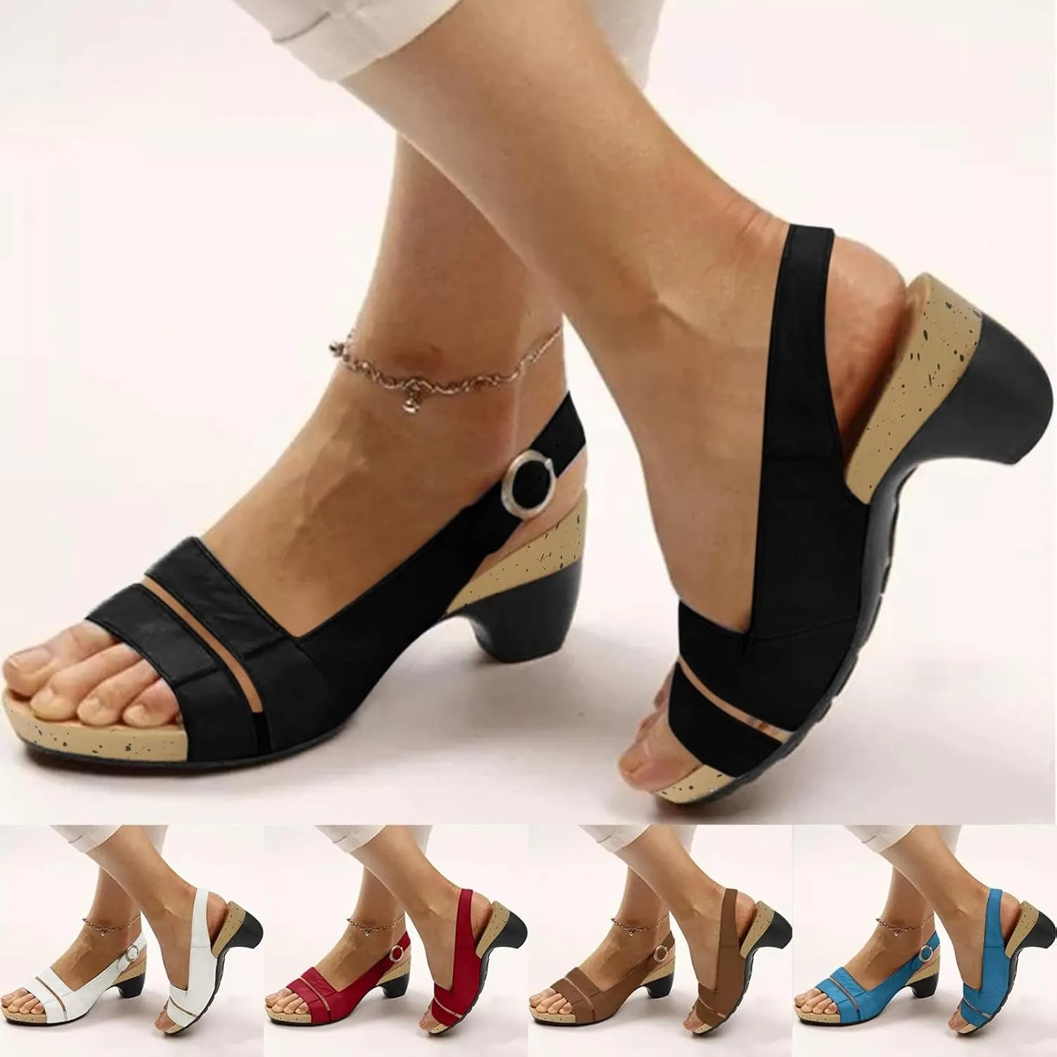 SACFOF Womens Peep Toe Chunky Block Heel Ankle Strap Shoes Low Block Heels Pump Wedding SDress Sandals