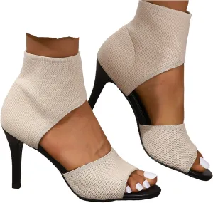 SACFOF Women's Peep Toe Stiletto Heeled Sandals Summer Stretchy Knitted Fabric Open Toe High Heels for Dressy Wedding