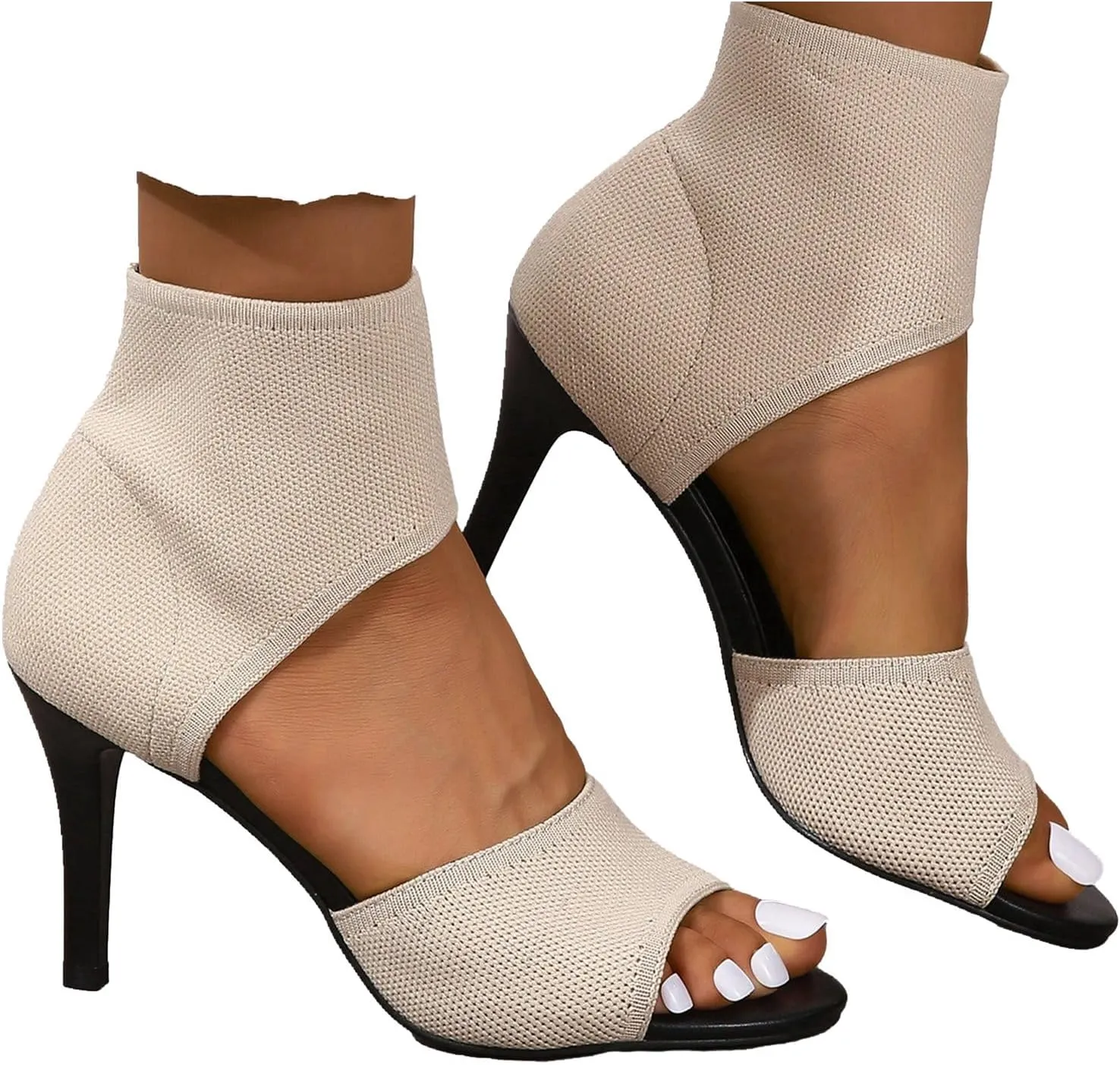 SACFOF Women's Peep Toe Stiletto Heeled Sandals Summer Stretchy Knitted Fabric Open Toe High Heels for Dressy Wedding