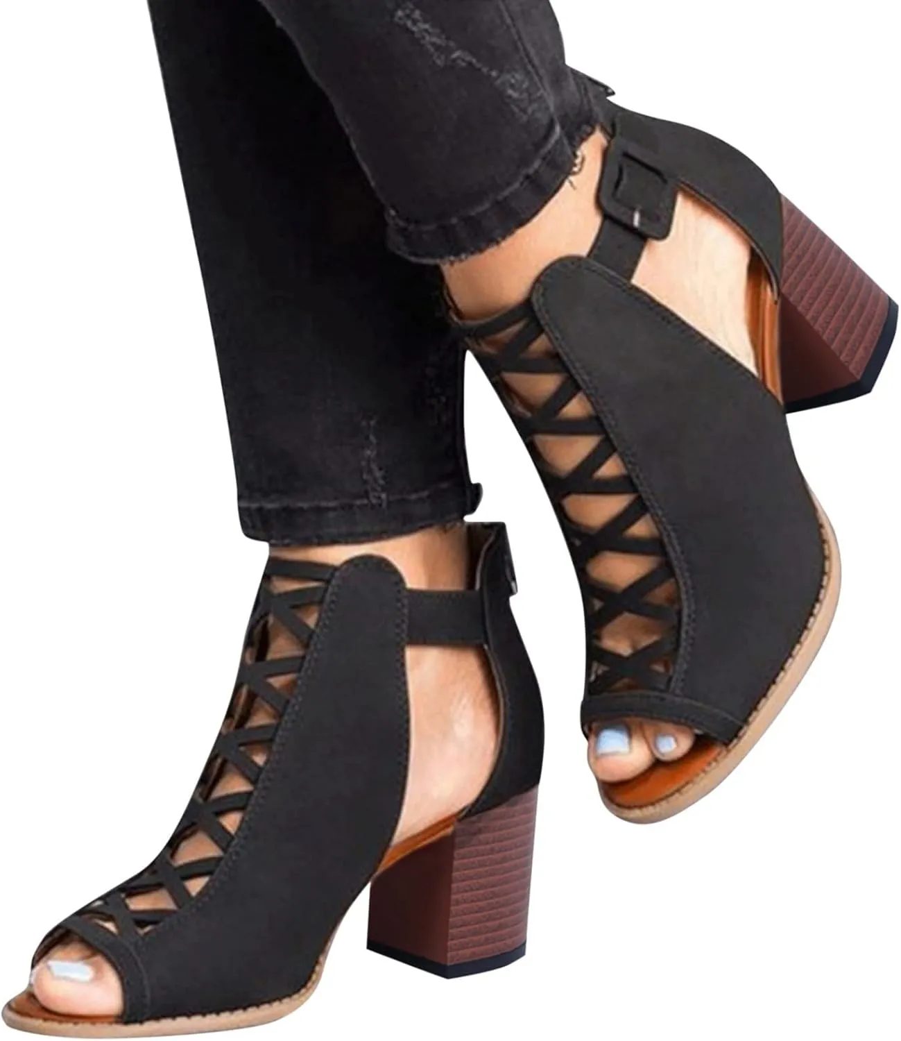 SACFOF Womens Platform Cut Peep Toe Ankle Buckle Strap Zipper Back High Heel Sandals Mid Heels Party Dressy Booties