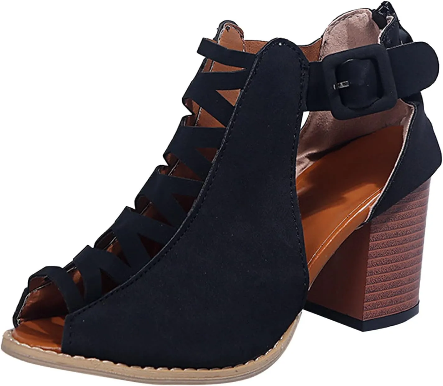 SACFOF Womens Platform Cut Peep Toe Ankle Buckle Strap Zipper Back High Heel Sandals Mid Heels Party Dressy Booties