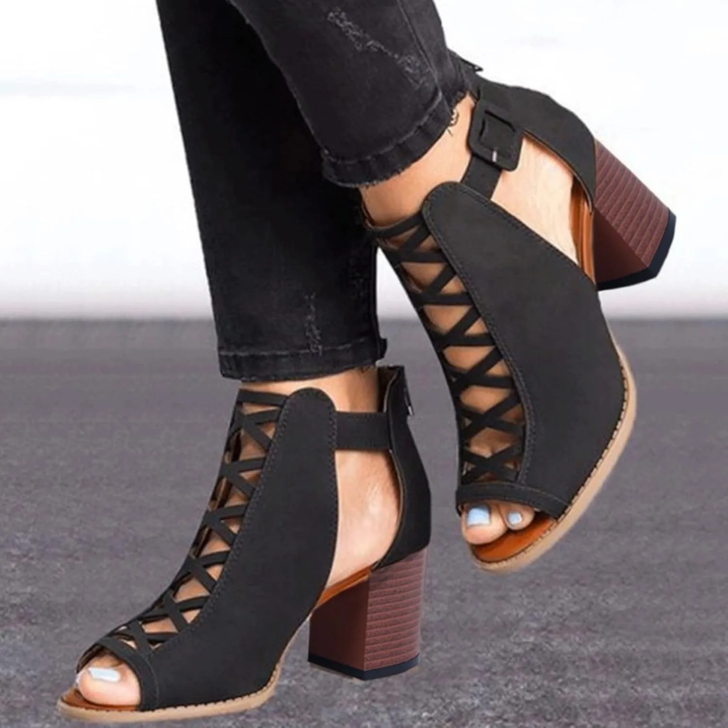 SACFOF Womens Platform Cut Peep Toe Ankle Buckle Strap Zipper Back High Heel Sandals Mid Heels Party Dressy Booties