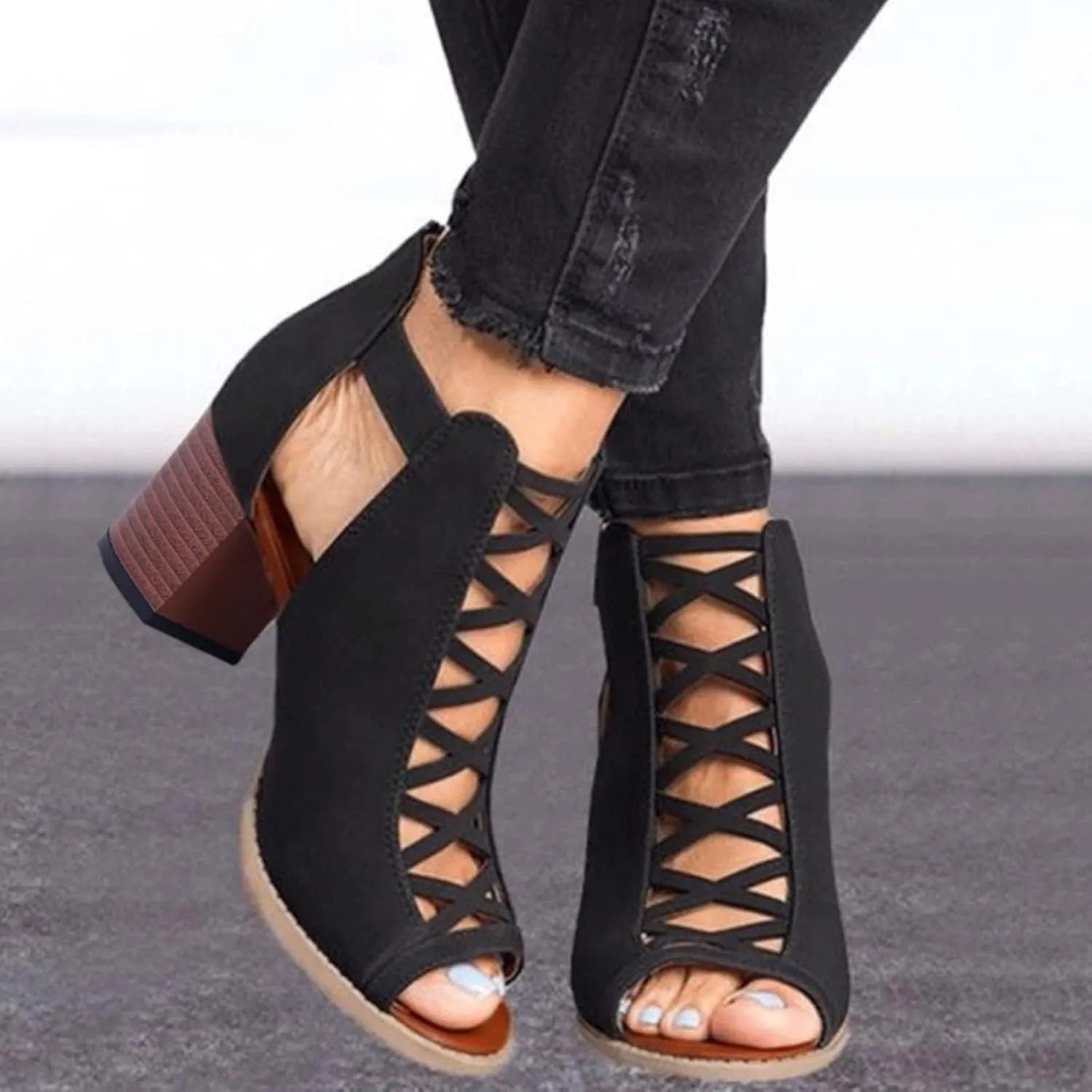 SACFOF Womens Platform Cut Peep Toe Ankle Buckle Strap Zipper Back High Heel Sandals Mid Heels Party Dressy Booties