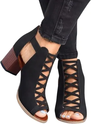 SACFOF Womens Platform Cut Peep Toe Ankle Buckle Strap Zipper Back High Heel Sandals Mid Heels Party Dressy Booties