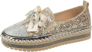 SACFOF Women's Rhinestones Glitter Bow Platform Loafers Casual Slip-On Sequin Platform Dress Shoes Flat Walking Loafers