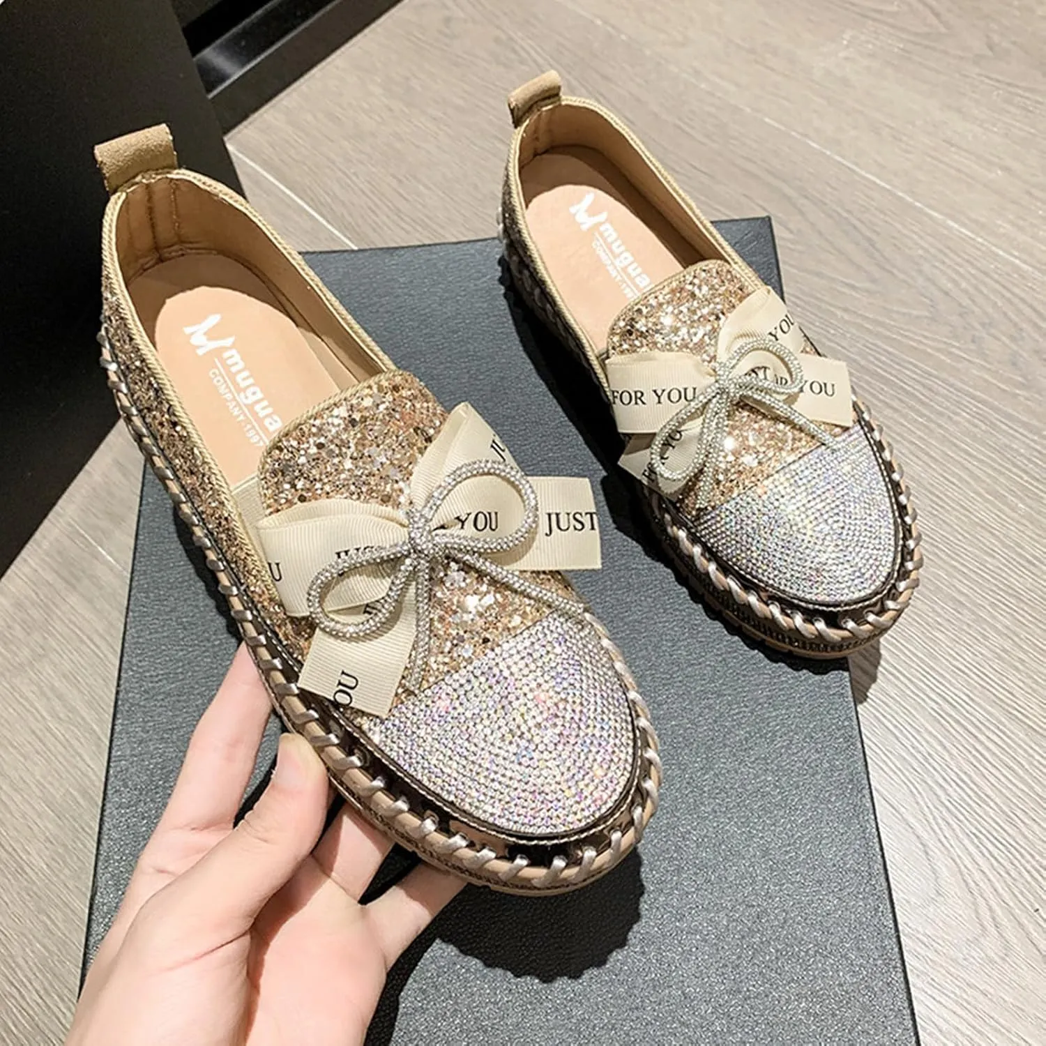SACFOF Women's Rhinestones Glitter Bow Platform Loafers Casual Slip-On Sequin Platform Dress Shoes Flat Walking Loafers