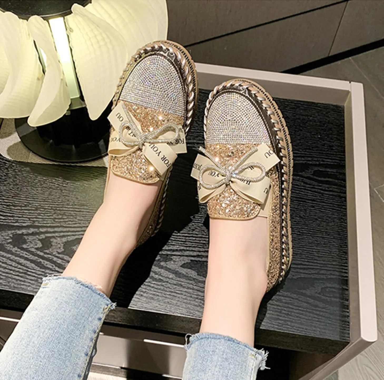SACFOF Women's Rhinestones Glitter Bow Platform Loafers Casual Slip-On Sequin Platform Dress Shoes Flat Walking Loafers