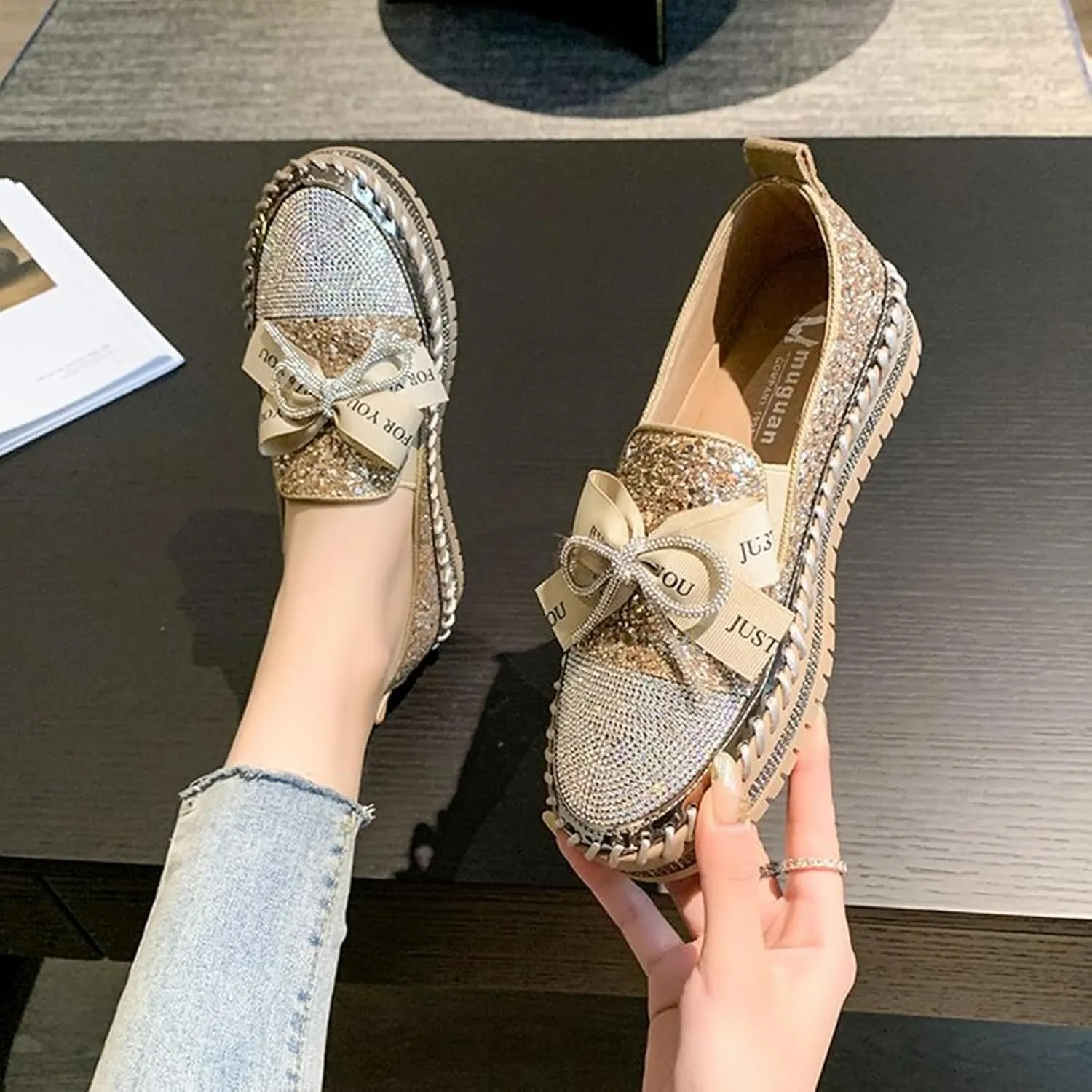 SACFOF Women's Rhinestones Glitter Bow Platform Loafers Casual Slip-On Sequin Platform Dress Shoes Flat Walking Loafers