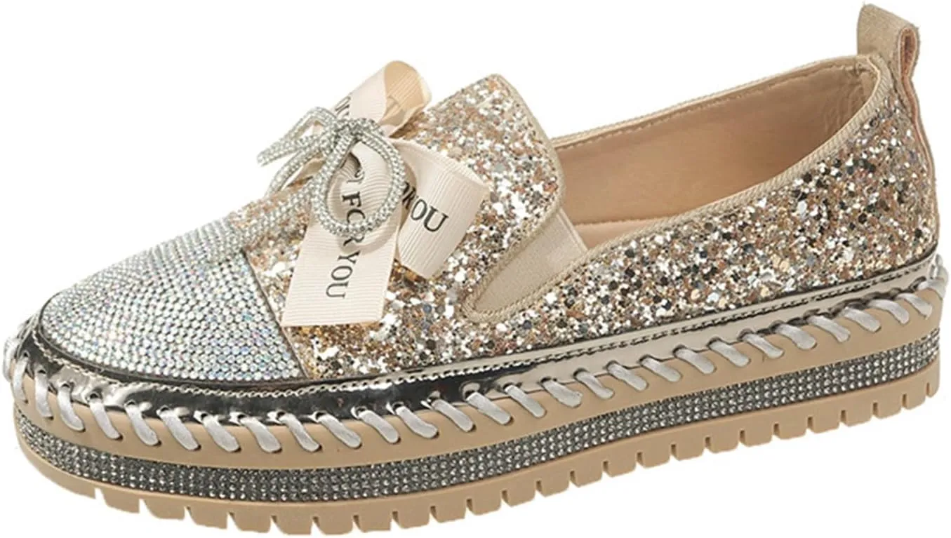 SACFOF Women's Rhinestones Glitter Bow Platform Loafers Casual Slip-On Sequin Platform Dress Shoes Flat Walking Loafers