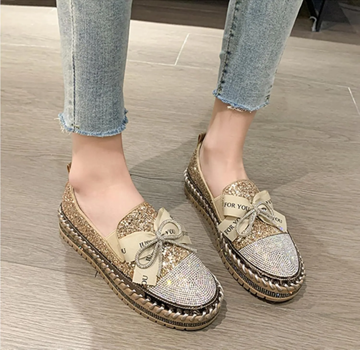 SACFOF Women's Rhinestones Glitter Bow Platform Loafers Casual Slip-On Sequin Platform Dress Shoes Flat Walking Loafers