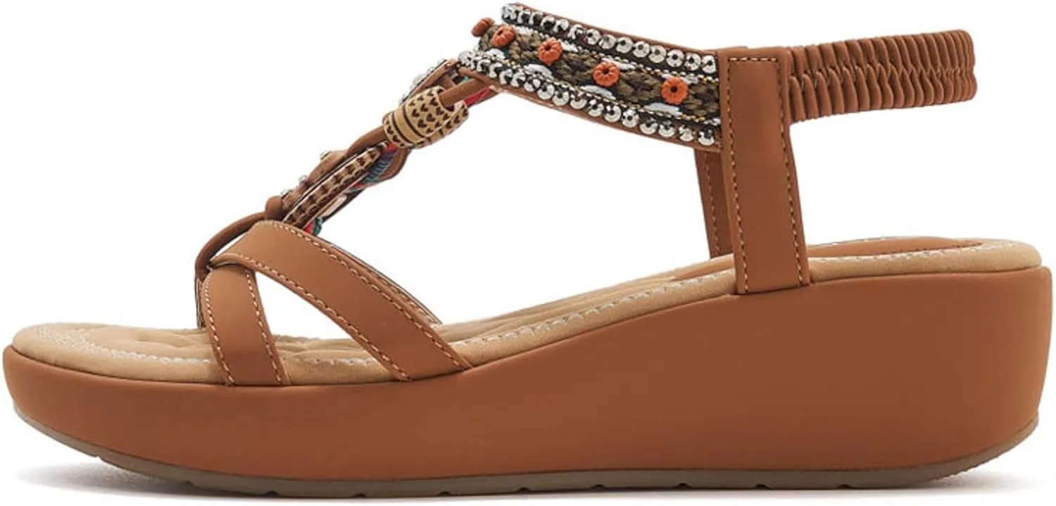 SACFOF Womens Sandals Arch Support Summer Beach Wedge Sandals Comfort Walking Elastic Strap Bohemian Sandals