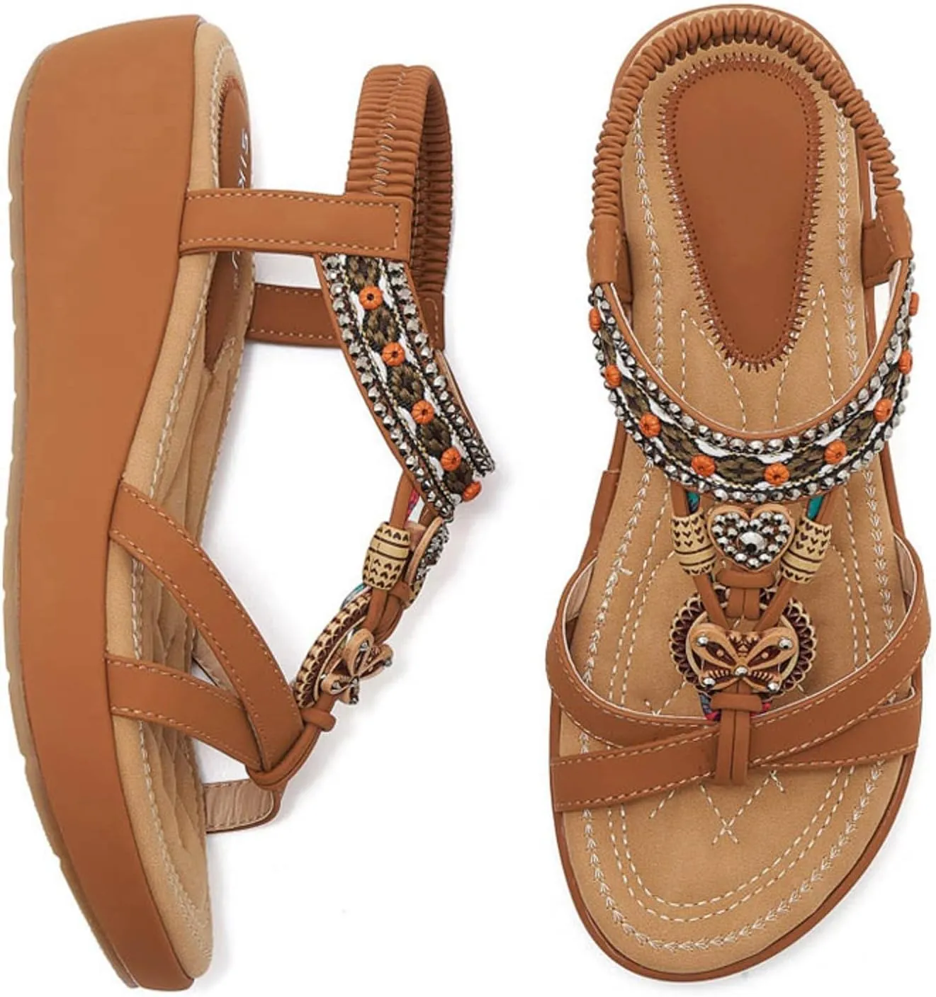 SACFOF Womens Sandals Arch Support Summer Beach Wedge Sandals Comfort Walking Elastic Strap Bohemian Sandals