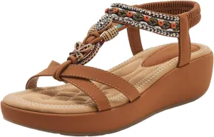 SACFOF Womens Sandals Arch Support Summer Beach Wedge Sandals Comfort Walking Elastic Strap Bohemian Sandals