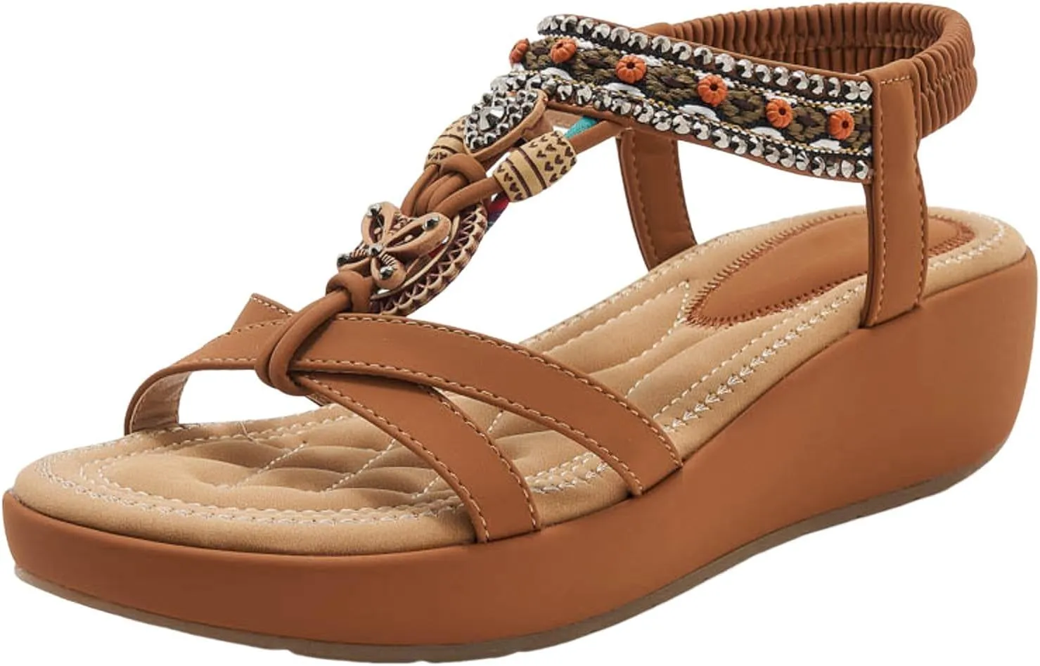 SACFOF Womens Sandals Arch Support Summer Beach Wedge Sandals Comfort Walking Elastic Strap Bohemian Sandals