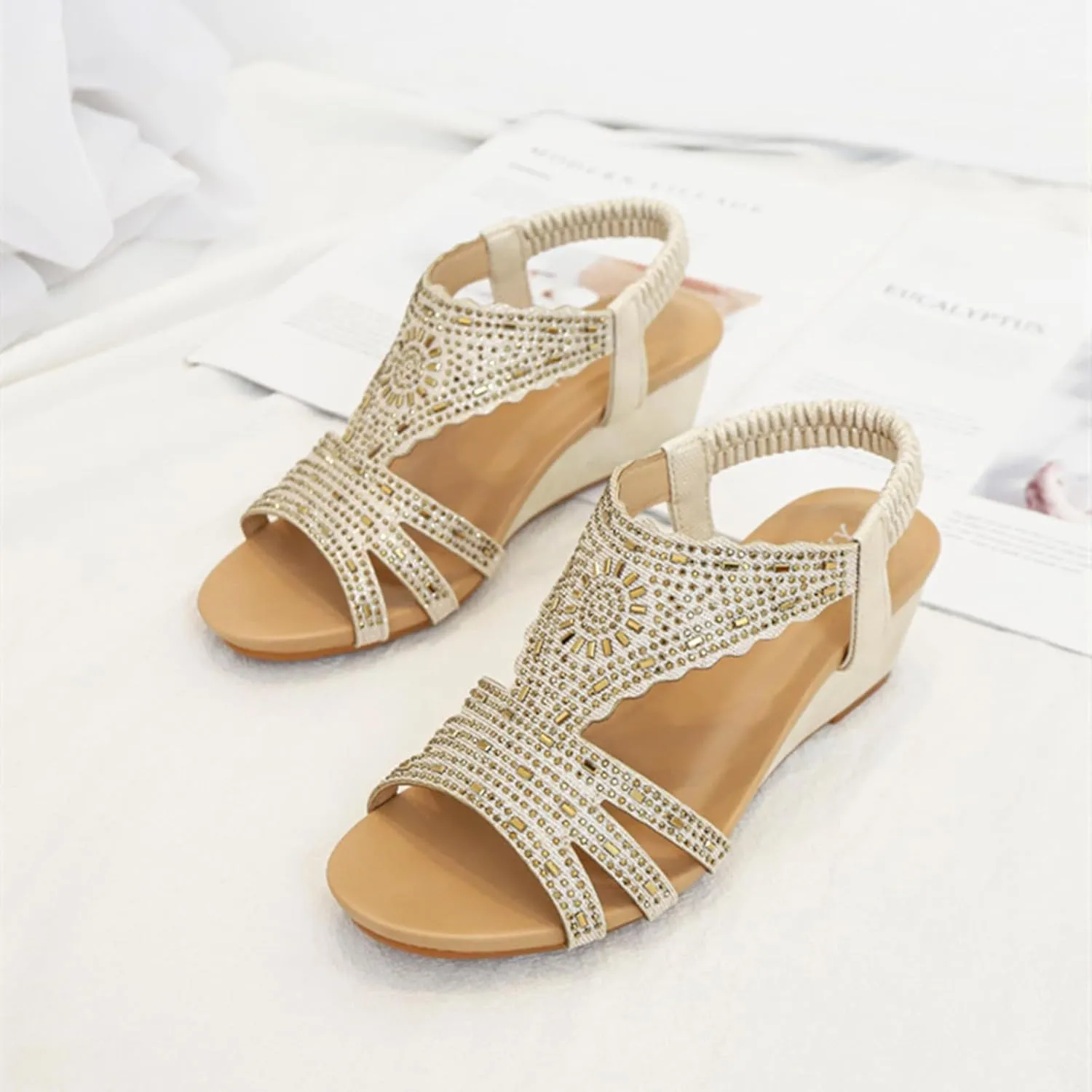 SACFOF Womens Sandals Rhinestone Wedge Low Elastic Ankle Strap Wedge Sandals Open Toe Dressy Dressy Sandals