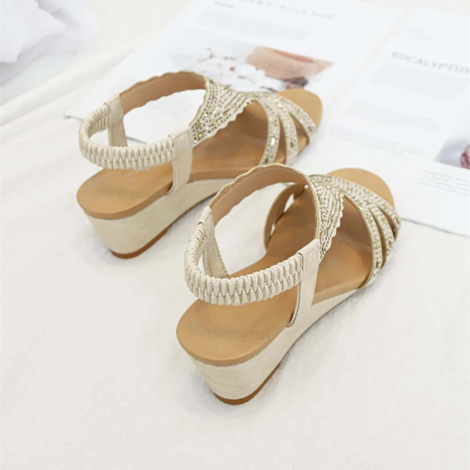 SACFOF Womens Sandals Rhinestone Wedge Low Elastic Ankle Strap Wedge Sandals Open Toe Dressy Dressy Sandals