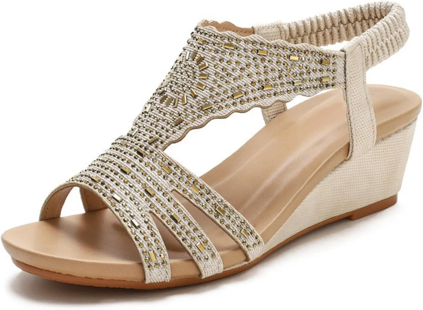 SACFOF Womens Sandals Rhinestone Wedge Low Elastic Ankle Strap Wedge Sandals Open Toe Dressy Dressy Sandals