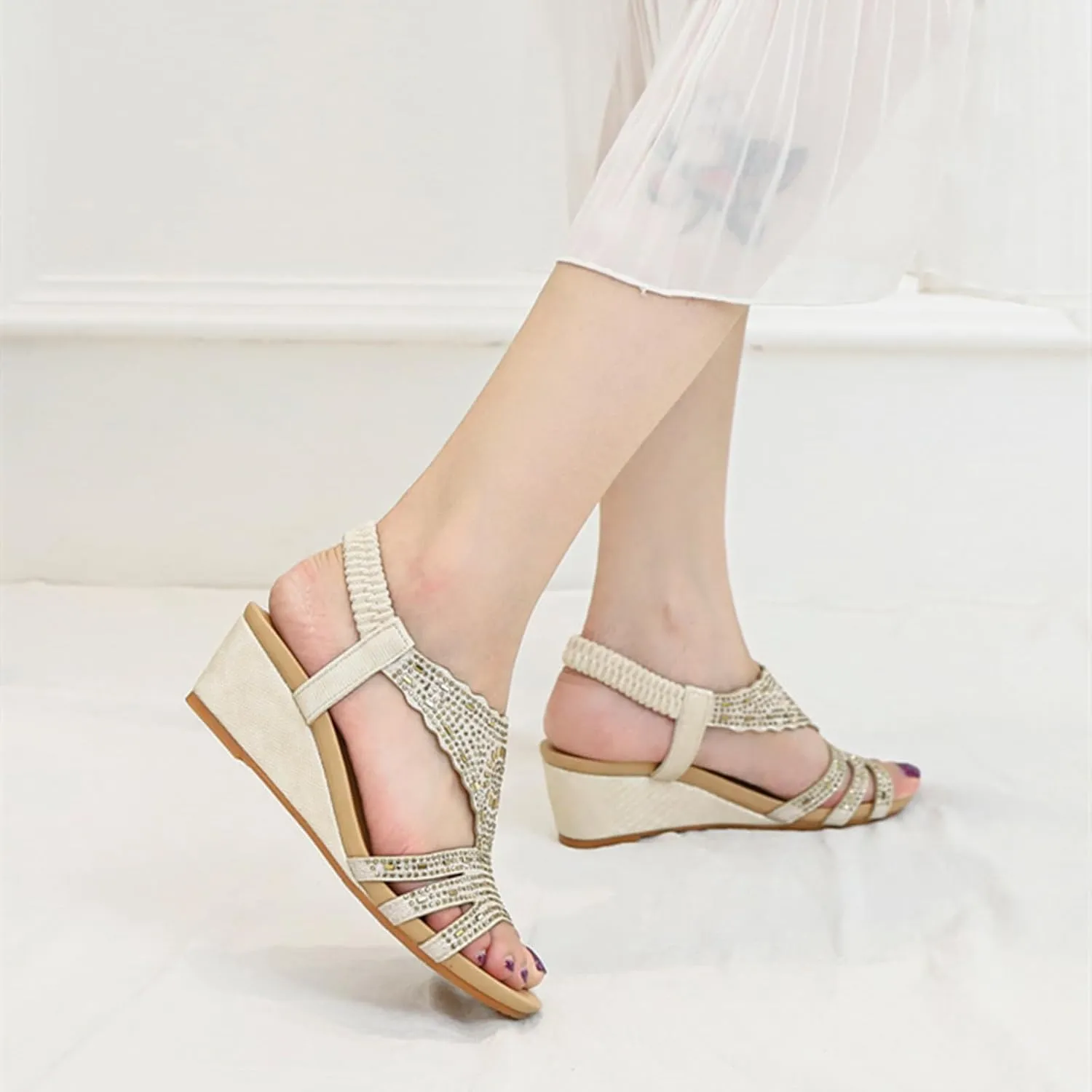 SACFOF Womens Sandals Rhinestone Wedge Low Elastic Ankle Strap Wedge Sandals Open Toe Dressy Dressy Sandals