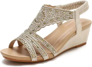 SACFOF Womens Sandals Rhinestone Wedge Low Elastic Ankle Strap Wedge Sandals Open Toe Dressy Dressy Sandals