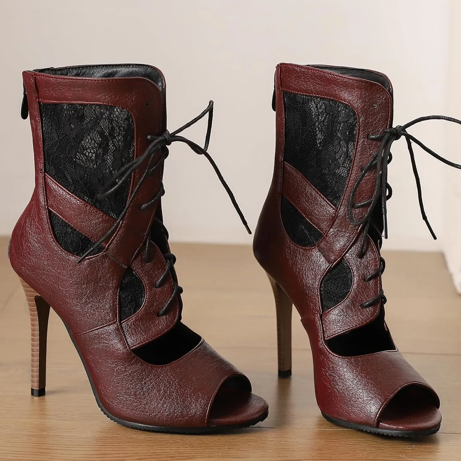 SACFOF Women's Sexy Peep Toe Lace Up High Heeled Sandals Fashion Stilettos Heels Dance Dressy Gladiator Summer Ankle Booties