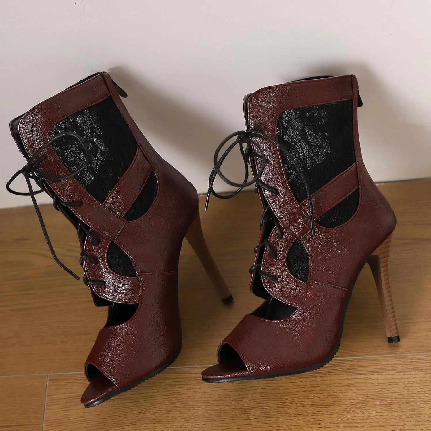 SACFOF Women's Sexy Peep Toe Lace Up High Heeled Sandals Fashion Stilettos Heels Dance Dressy Gladiator Summer Ankle Booties
