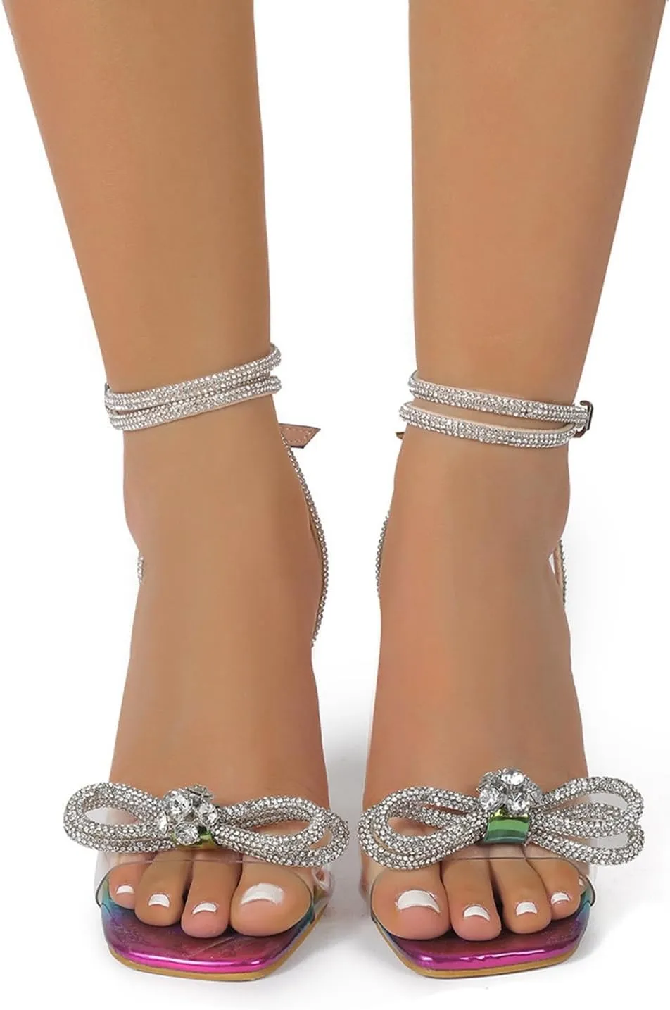 SACFOF Women's Square Toe Clear Heels Sexy Rhinestone Bow Heels Open Toe Ankle Strap Stiletto High Heel Sandals Dress
