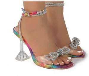 SACFOF Women's Square Toe Clear Heels Sexy Rhinestone Bow Heels Open Toe Ankle Strap Stiletto High Heel Sandals Dress