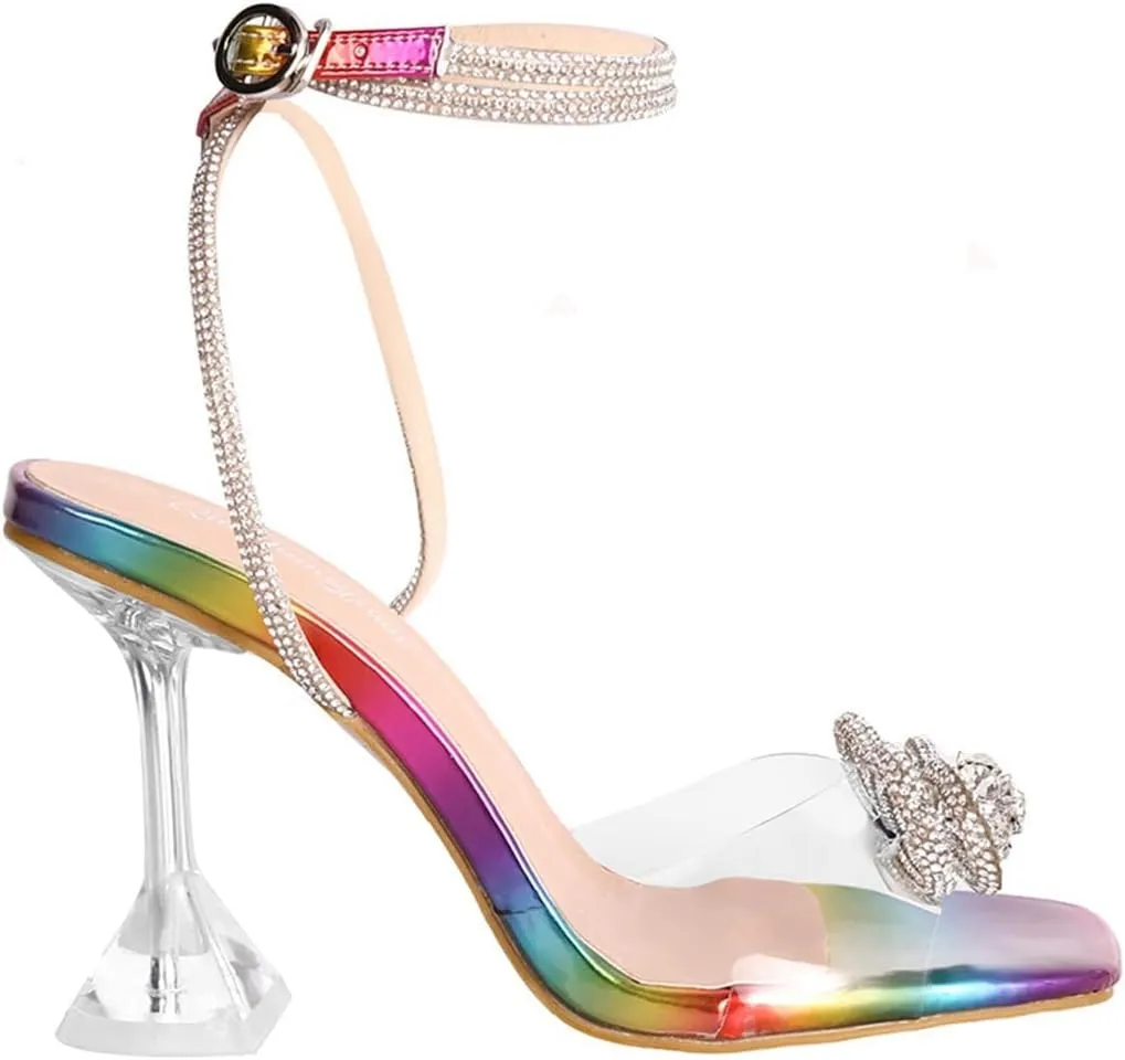 SACFOF Women's Square Toe Clear Heels Sexy Rhinestone Bow Heels Open Toe Ankle Strap Stiletto High Heel Sandals Dress