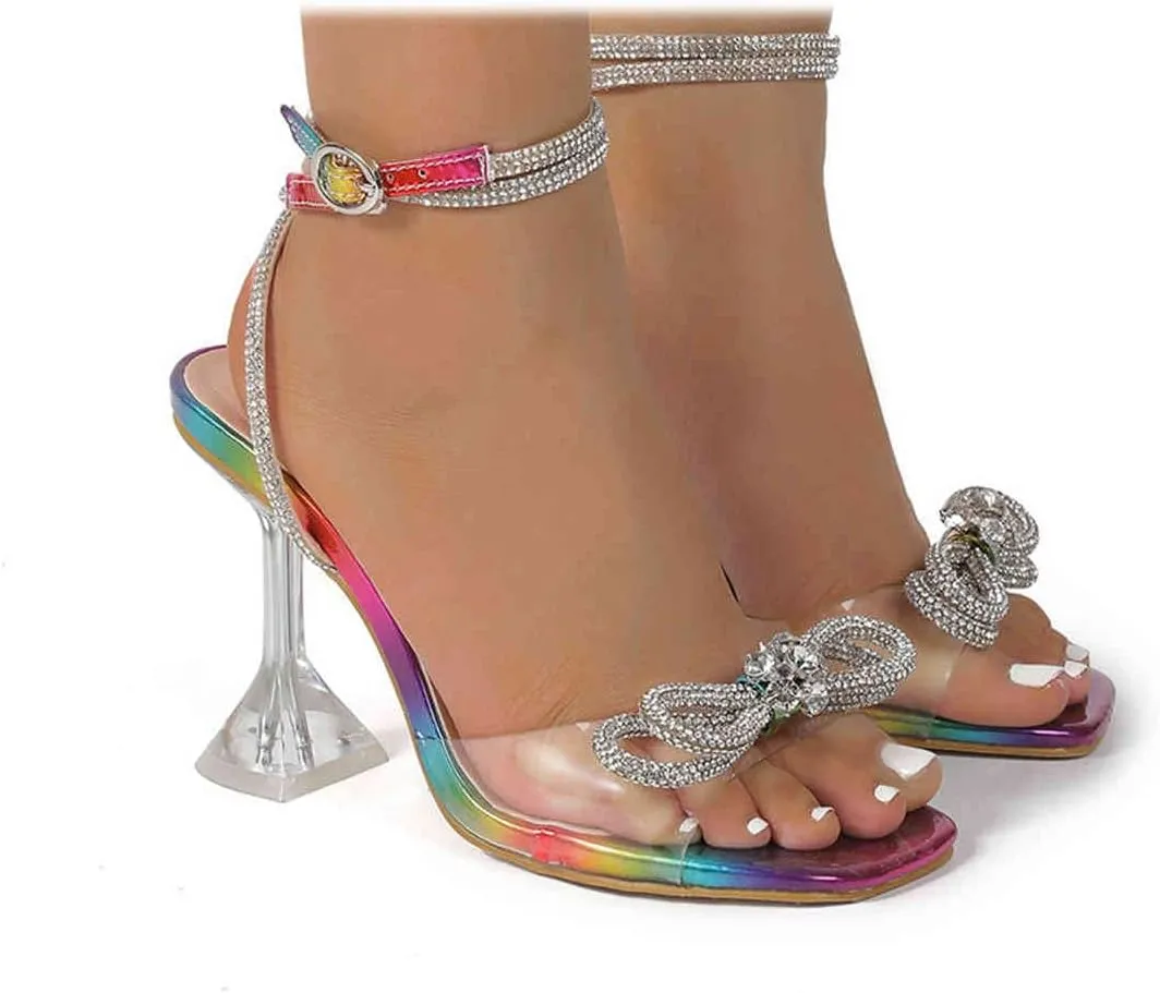 SACFOF Women's Square Toe Clear Heels Sexy Rhinestone Bow Heels Open Toe Ankle Strap Stiletto High Heel Sandals Dress