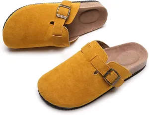 SACFOF Women's Suede Clogs Leather Mules Cork Footbed Sandals Unisex Slip-on Comfortable Home Mules Potato Shoes