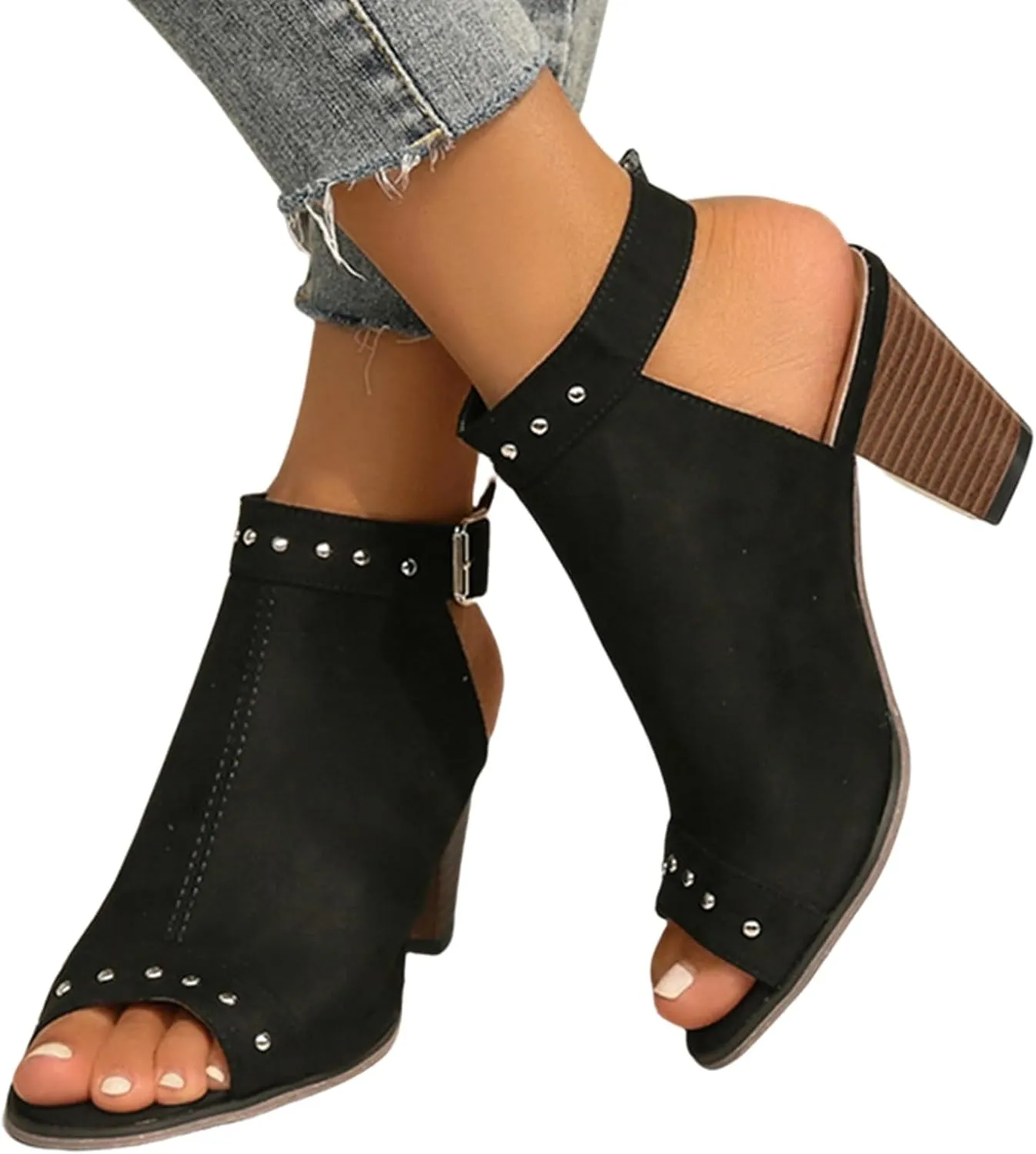 SACFOF Womens Suede Peep Toe Ankle Booties Mid Heels Ankle Strap Cutout Wedge Back Zipper Sandals Dress Boots