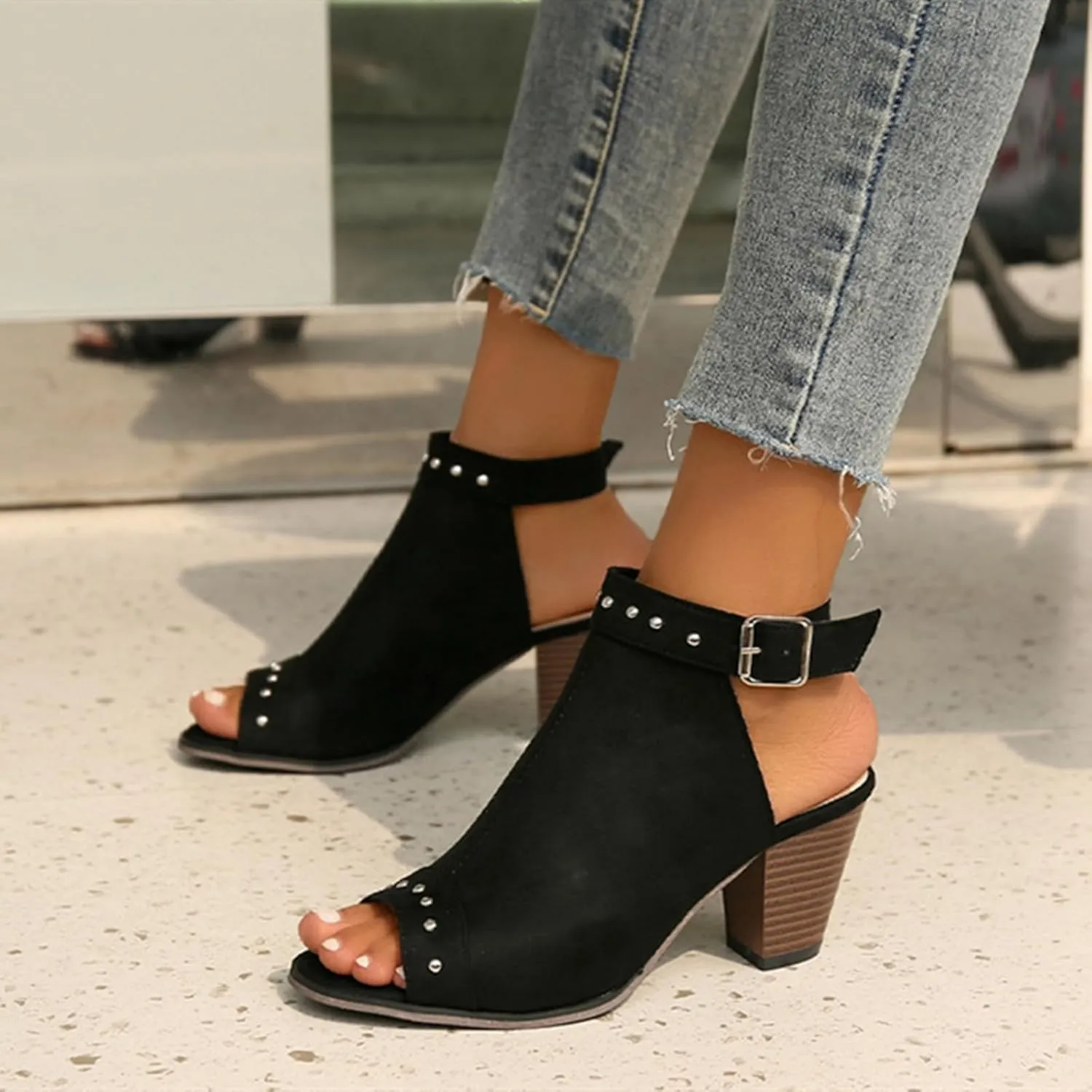 SACFOF Womens Suede Peep Toe Ankle Booties Mid Heels Ankle Strap Cutout Wedge Back Zipper Sandals Dress Boots