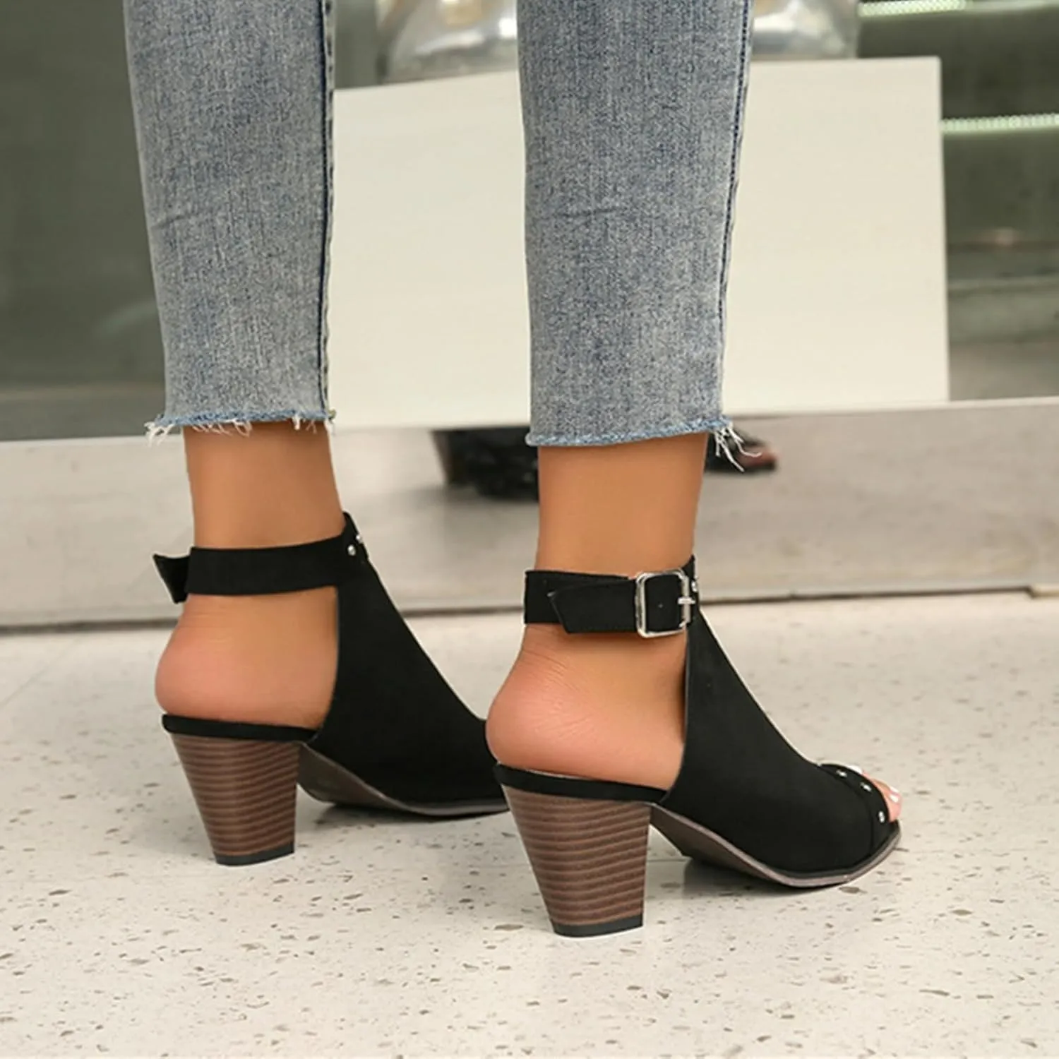 SACFOF Womens Suede Peep Toe Ankle Booties Mid Heels Ankle Strap Cutout Wedge Back Zipper Sandals Dress Boots