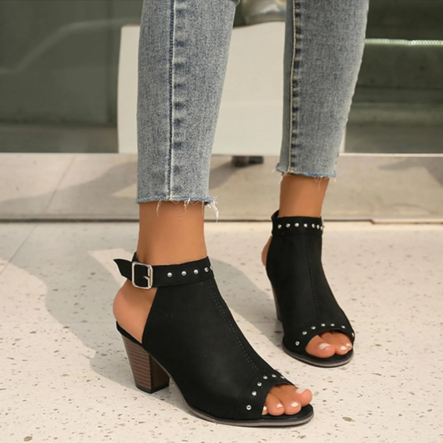 SACFOF Womens Suede Peep Toe Ankle Booties Mid Heels Ankle Strap Cutout Wedge Back Zipper Sandals Dress Boots