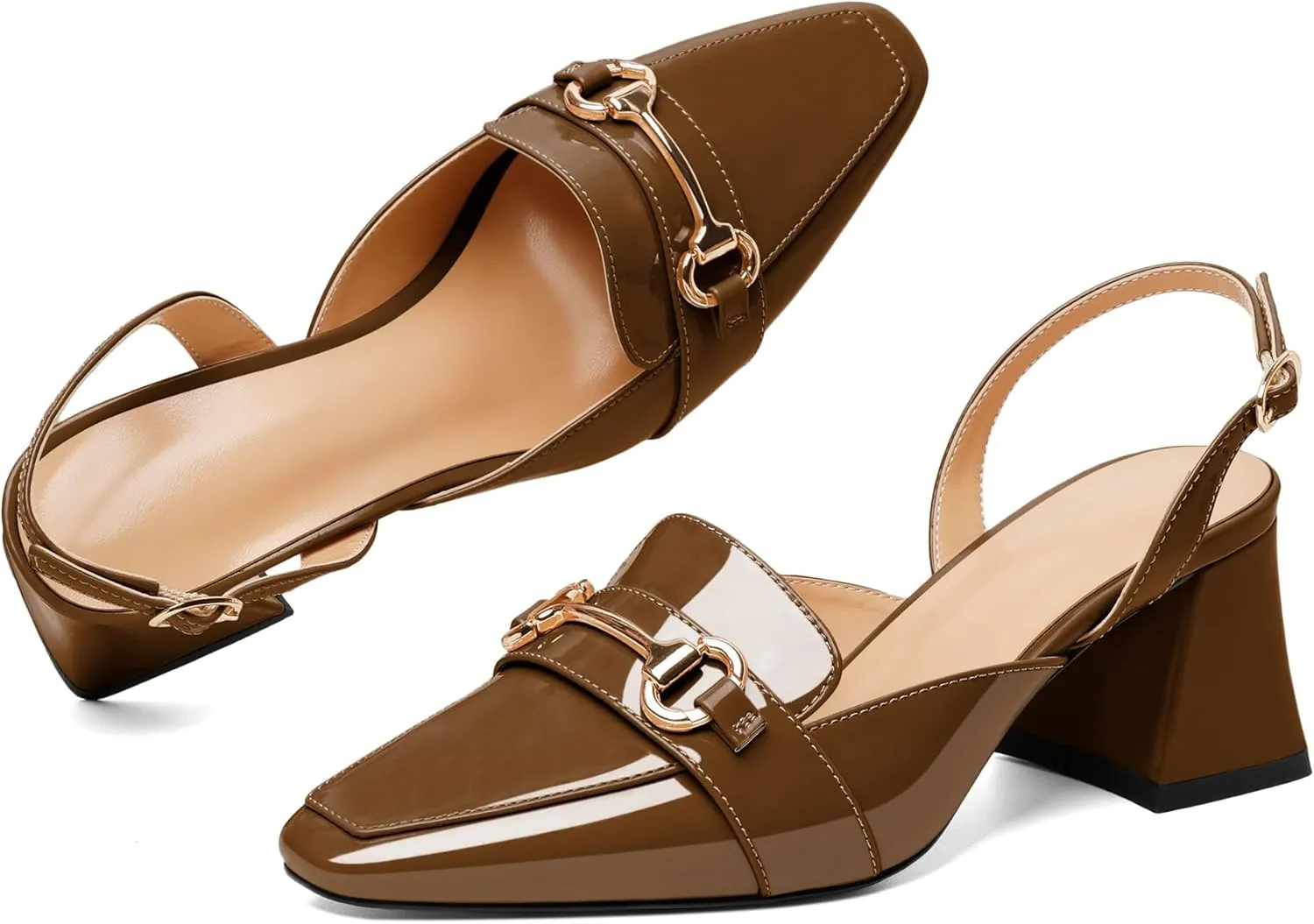 SAMMITOP Women Slingback Low Chunky Heels Loafer Pumps Metal Buckle Block Heeled Sandals Closed Square Toe Dress Shoes Work Office Casual 2.5 Inch
