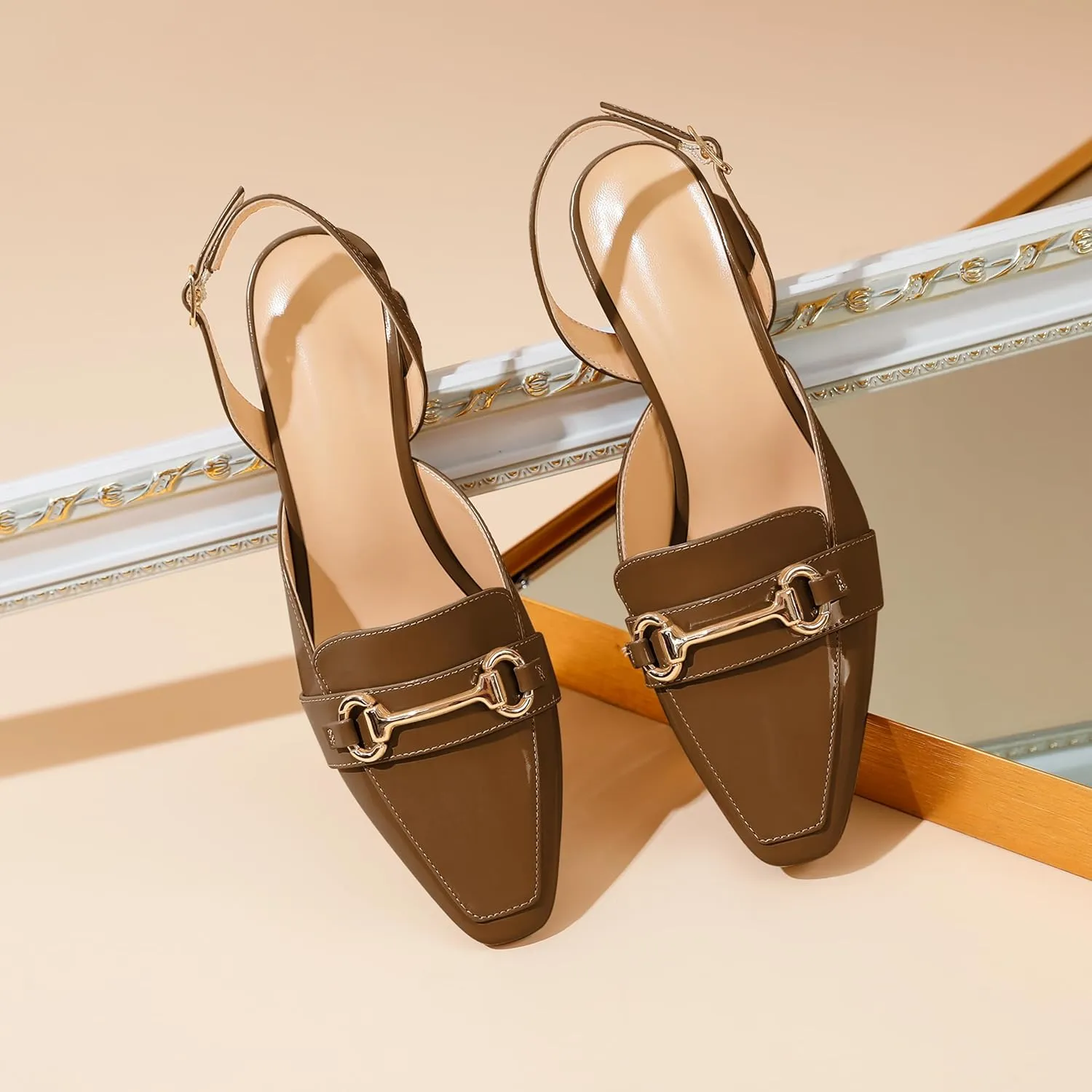 SAMMITOP Women Slingback Low Chunky Heels Loafer Pumps Metal Buckle Block Heeled Sandals Closed Square Toe Dress Shoes Work Office Casual 2.5 Inch