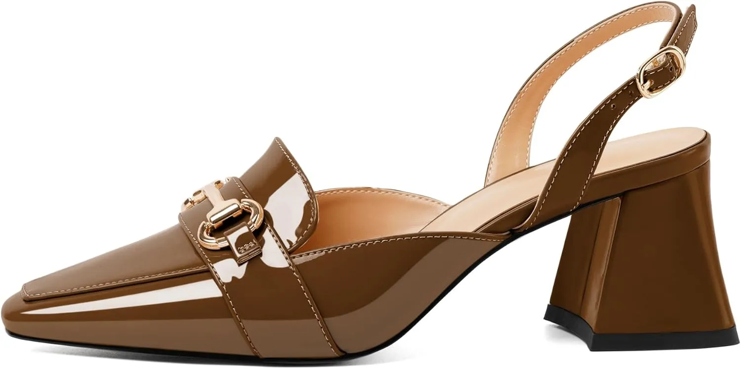 SAMMITOP Women Slingback Low Chunky Heels Loafer Pumps Metal Buckle Block Heeled Sandals Closed Square Toe Dress Shoes Work Office Casual 2.5 Inch
