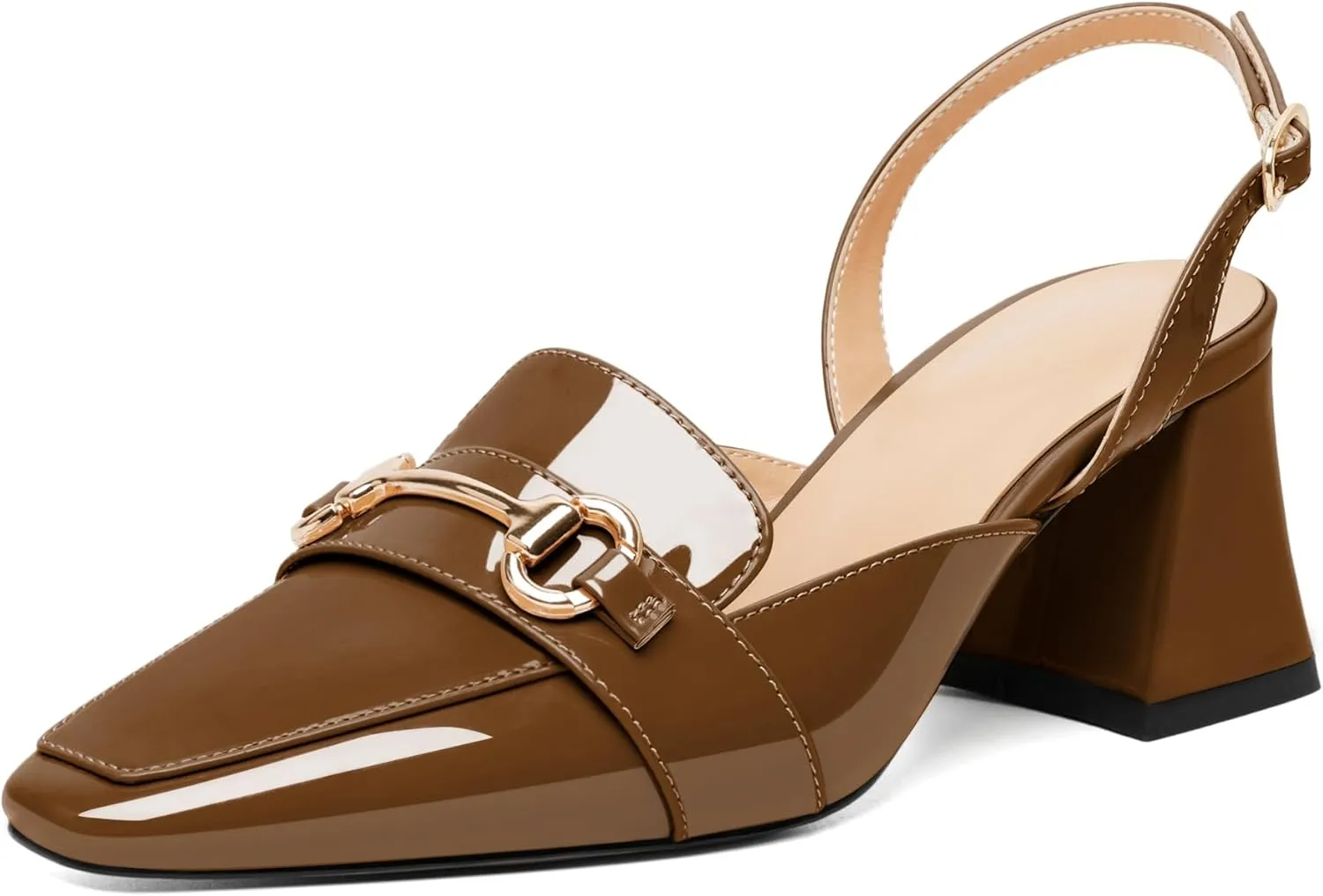 SAMMITOP Women Slingback Low Chunky Heels Loafer Pumps Metal Buckle Block Heeled Sandals Closed Square Toe Dress Shoes Work Office Casual 2.5 Inch