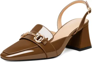 SAMMITOP Women Slingback Low Chunky Heels Loafer Pumps Metal Buckle Block Heeled Sandals Closed Square Toe Dress Shoes Work Office Casual 2.5 Inch