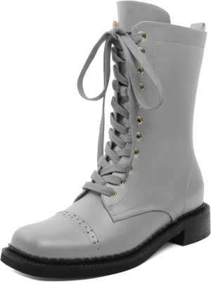 SAMMITOP Women's Ankle Bootie Lace up Mid Calf Combat Boots Chunky Low Heel Square Toe Zipper Boots Fashion Dress Shoes 1.4 Inch