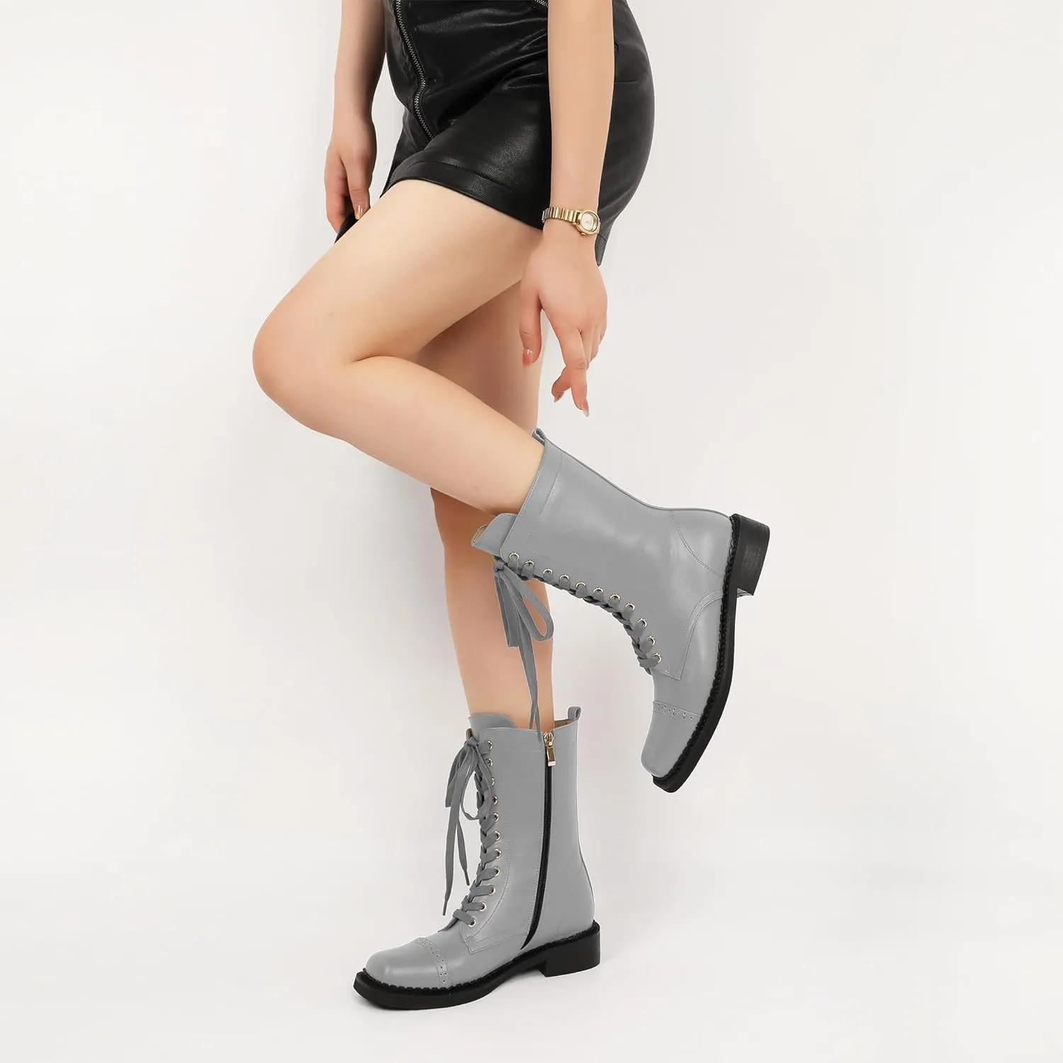 SAMMITOP Women's Ankle Bootie Lace up Mid Calf Combat Boots Chunky Low Heel Square Toe Zipper Boots Fashion Dress Shoes 1.4 Inch