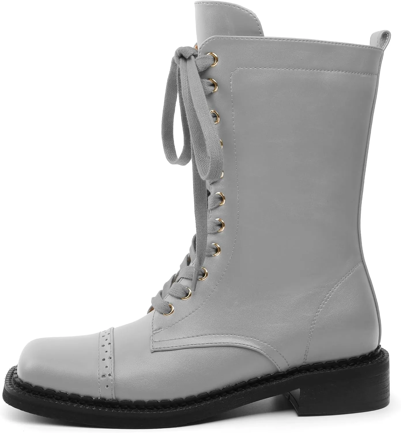 SAMMITOP Women's Ankle Bootie Lace up Mid Calf Combat Boots Chunky Low Heel Square Toe Zipper Boots Fashion Dress Shoes 1.4 Inch