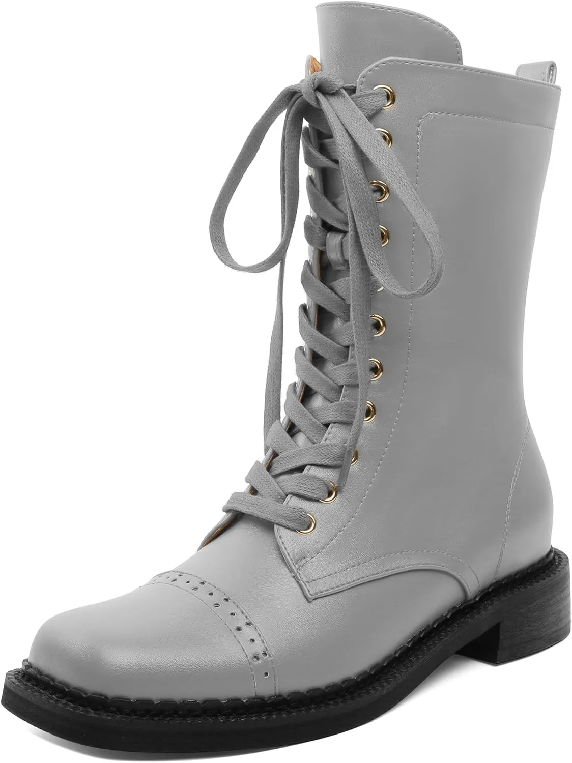 SAMMITOP Women's Ankle Bootie Lace up Mid Calf Combat Boots Chunky Low Heel Square Toe Zipper Boots Fashion Dress Shoes 1.4 Inch