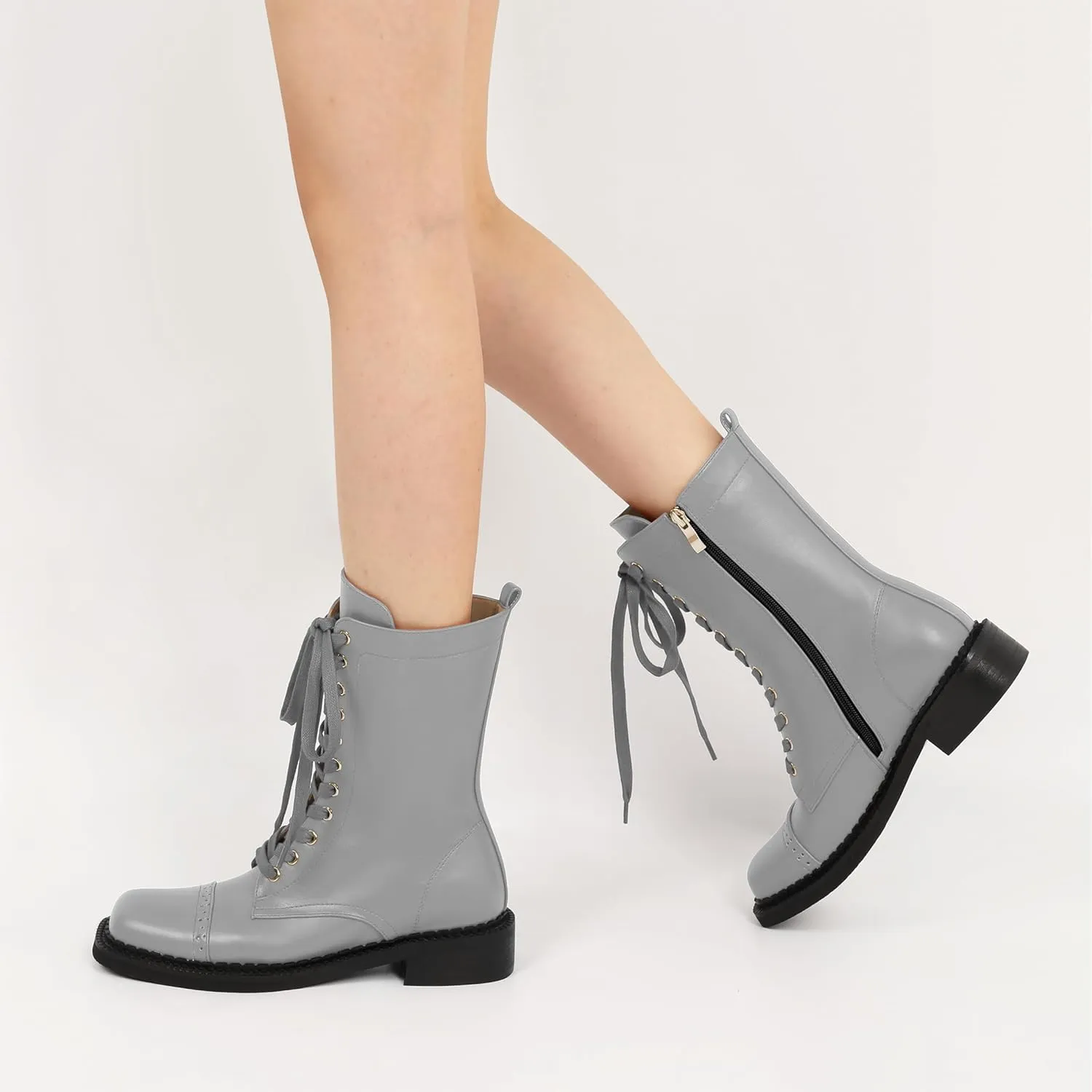 SAMMITOP Women's Ankle Bootie Lace up Mid Calf Combat Boots Chunky Low Heel Square Toe Zipper Boots Fashion Dress Shoes 1.4 Inch