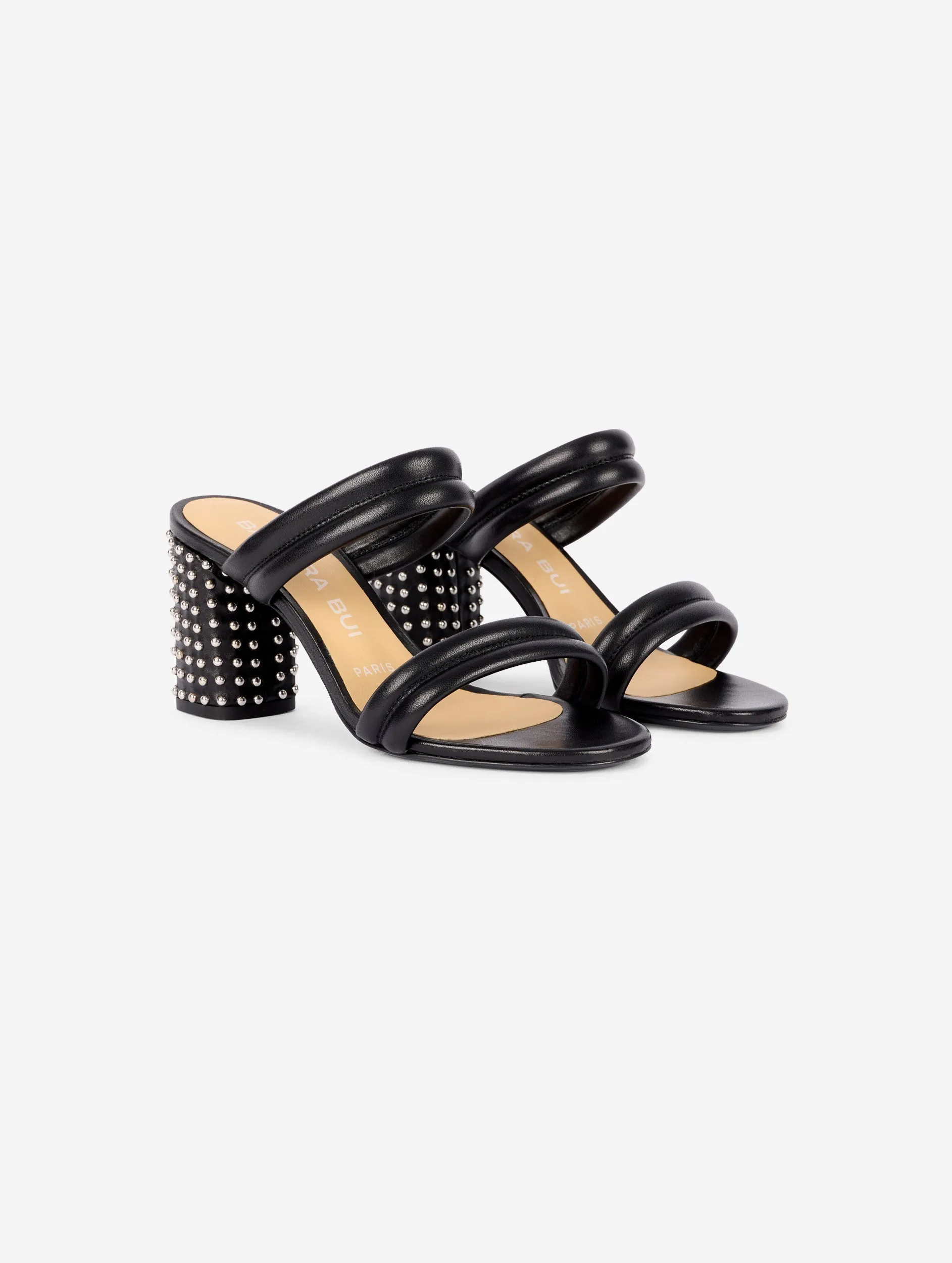 sandales en cuir noir et talon clouté nickel