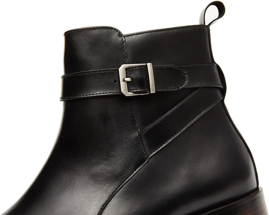 Santimon Mens Leather Boots Buckle Strap Formal Dress Business Casual Motorcycle Zip Ankle Boot For Men
