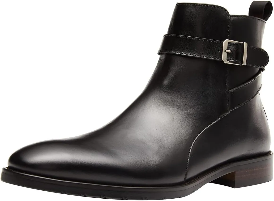 Santimon Mens Leather Boots Buckle Strap Formal Dress Business Casual Motorcycle Zip Ankle Boot For Men